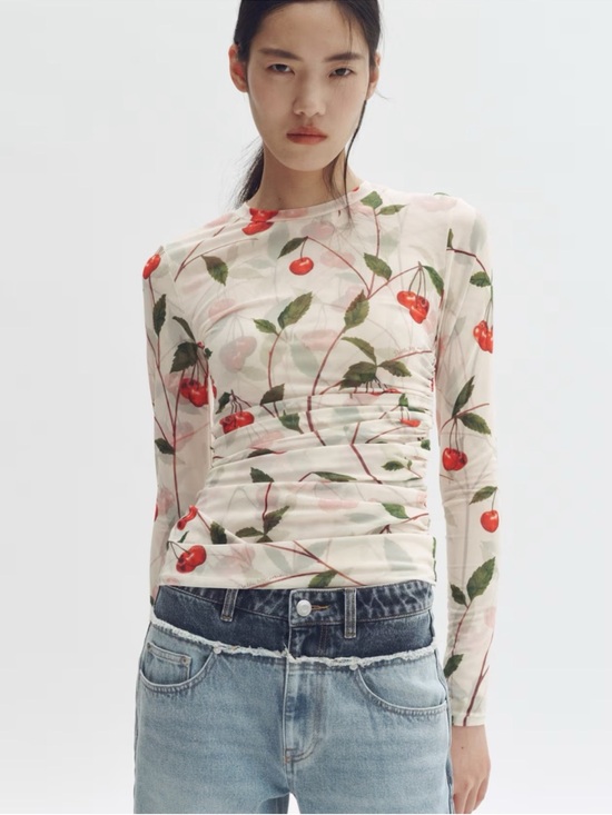 Stella McCartney Tops - H&M x Stella McCartney Sheer Cherry-Print Long Sleeve Top - White, Red, Green